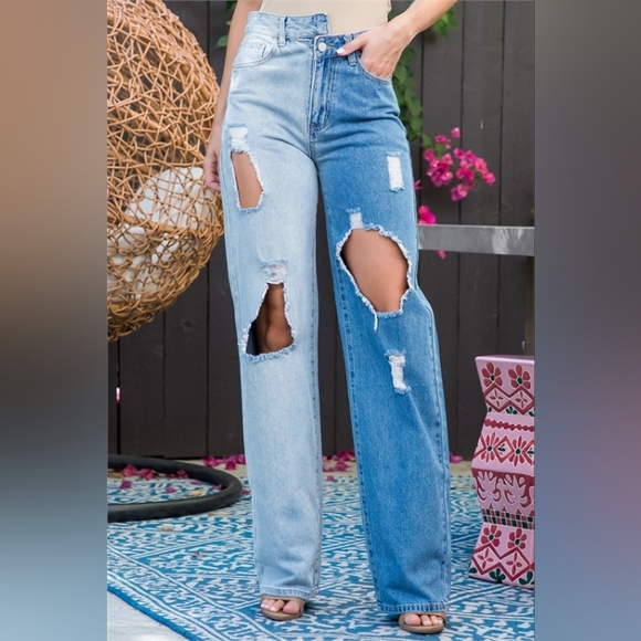 GSW Women's Blue Ripped Distressed Contrast Colorblock Jeans - Picture 2 of 9